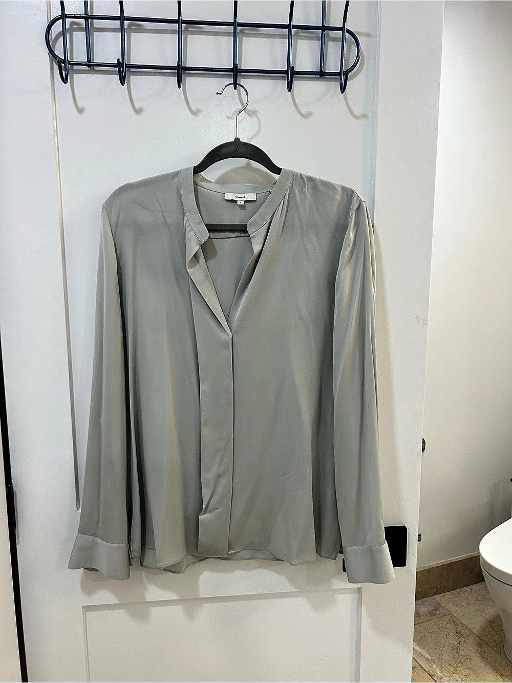 Vince Silk Satin Band-Collar Blouse Gray Size Large